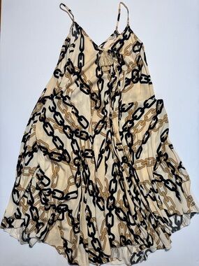 AYA Cream Chain Print Spaghetti Strap V-Neck Tent Dress Midi Lightweight Viscose